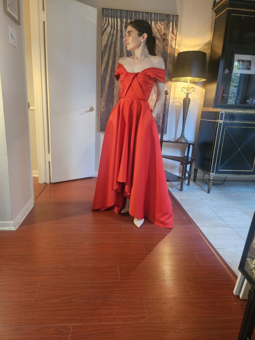 JAYGODFREY Red Off-Shoulder Bow High-Low Gown
